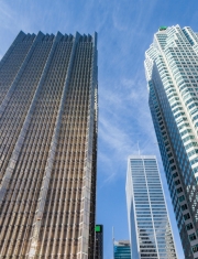 Skyscrapers in the Financial District of Downtown Toronto, view from below.