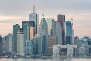 TORONTO, CANADA - NOVEMBER 02, 2015: View of Downtown Toronto skyline with the Financial District skyscrapers and the adjacent high-rise buildings during early sunset.