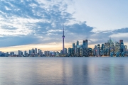 TORONTO, CANADA - OCTOBER 19, 2016: Downtown Toronto skyline with the CN Tower , Financial District skyscrapers and adjacent high-rise buildings at sunset